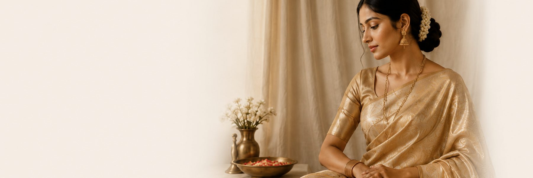 Model draped in a gold Haravillu silk saree