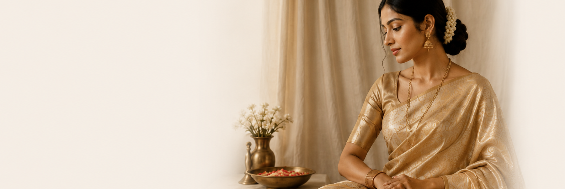 Model draped in a gold Haravillu silk saree