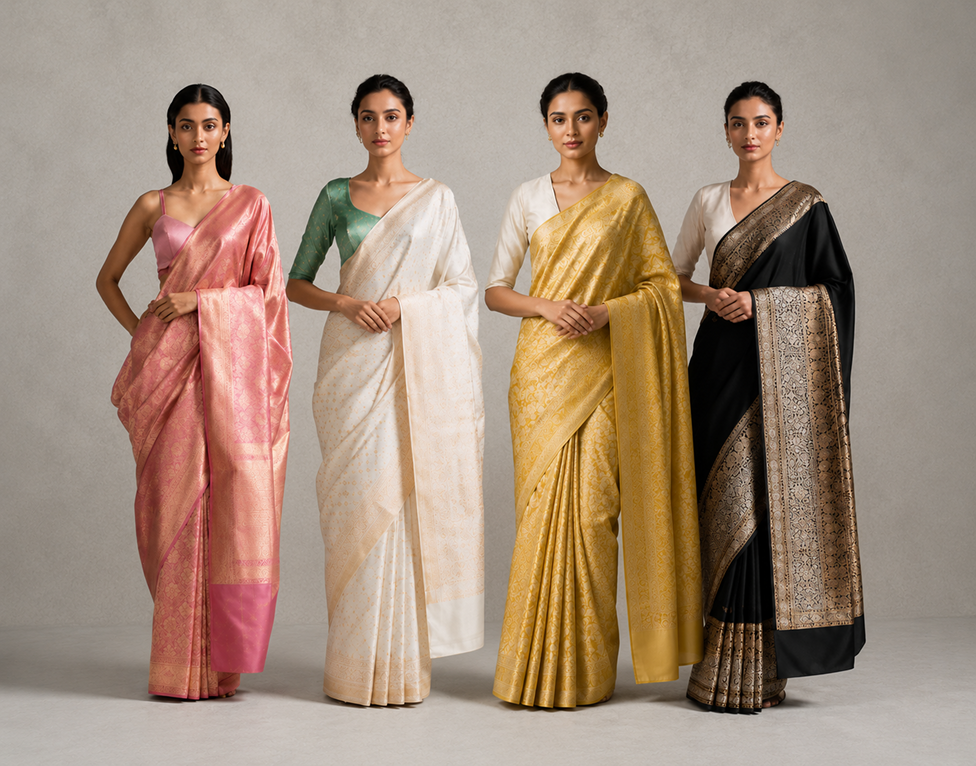 Four models in the Haravillu featured saree collection