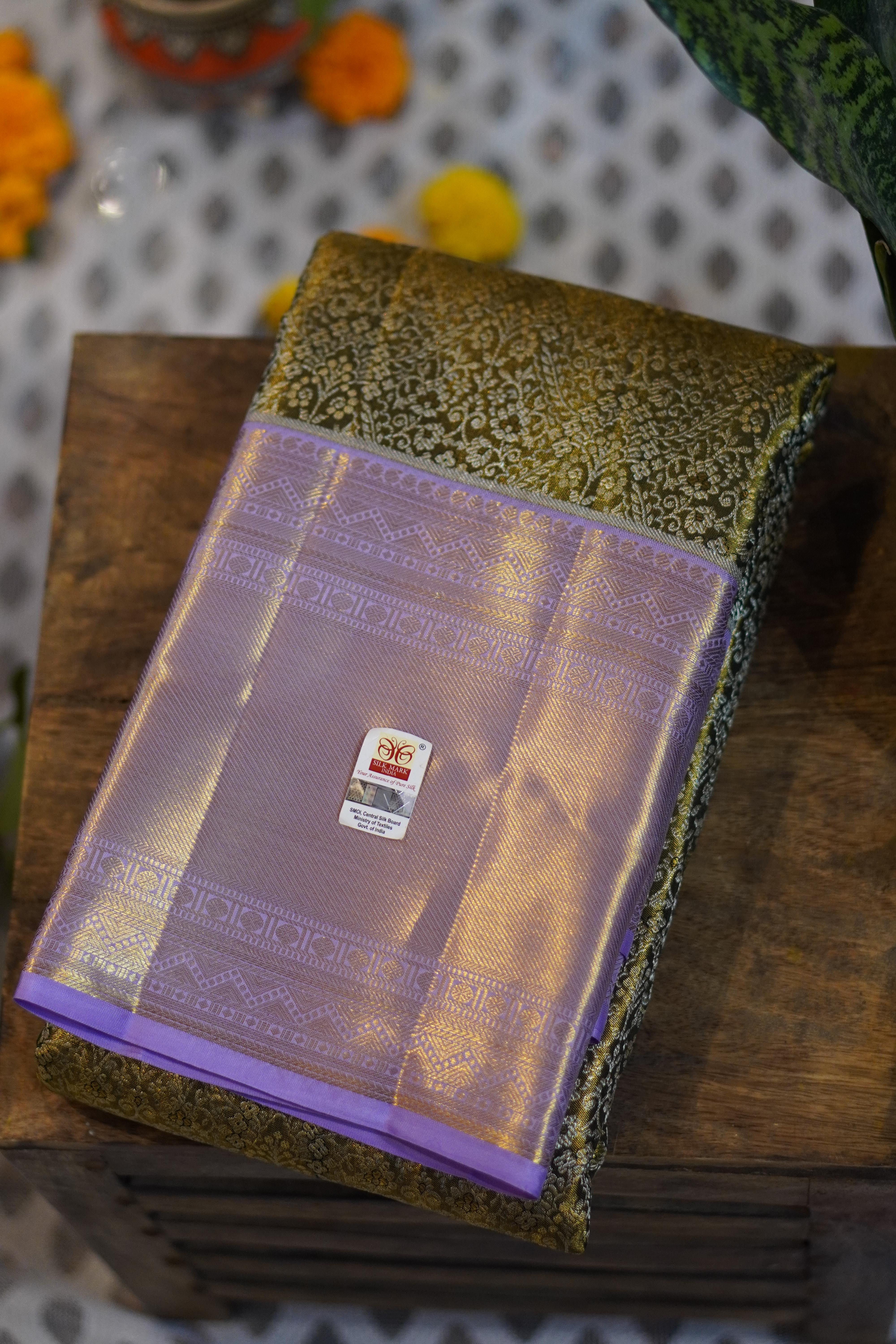 Tissue Kanjeevaram Saree - Olive Green/Lavender